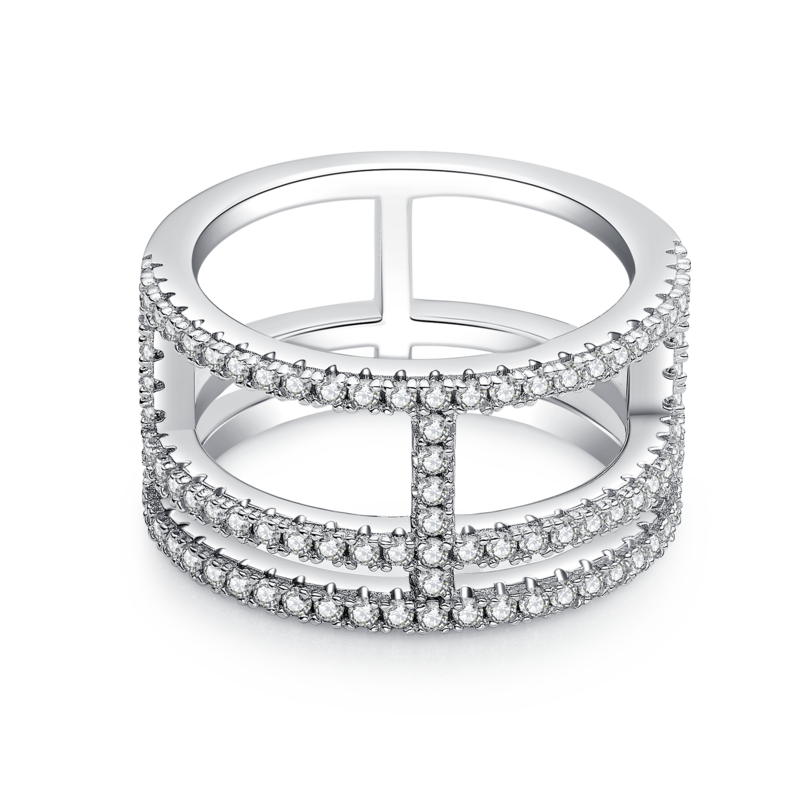 I-shaped ring S925 silver plated platinum, moissanite diamond, and cherry stone